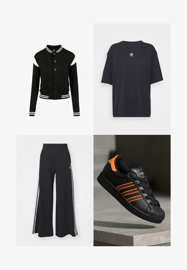 Crna jakna u varsity stilu s bijelim akcentima, rebrasti manžeti i donji rub, kopčanje na gumbe, dva bočna džepa, izrađena od mekanog materijala. Klasični sportski dizajn.; Crna pamučna majica kratkih rukava, okruglog izreza, s bijelim Adidas logom na prsima. Jednostavan dizajn, opušteni kroj.; Crne široke trenirke s elastičnim pojasom, s bijelim bočnim trakama i izvezenim logom na lijevom bedru.; Crni tenisice s narančastim naglascima, tri horizontalne pruge, teksturirani kožni gornji dio, gumen kapica za prste i crne vezice.