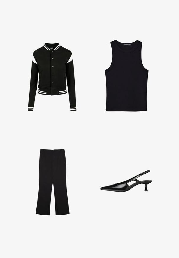 Svart varsityjacka med vita detaljer, ribbad mudd och nederkant, knäppning med knappar, två sidofickor, tillverkad av mjukt material. Klassisk sportdesign.; Svart linne i bomull, med rund halsringning och breda armhål. Slät yta med sydda fållar. Klassisk, minimalistisk design.; Svarta byxor med rak passform, utrustade med framfickor och sidoklyvningar vid fållen. Tillverkade av mjukt, slätt tyg. Lämpliga för olika tillfällen.; Svart lackläder slingback-klackar med spetsig tå, utskuren sidor och en liten fyrkantig klack. Slät textur med minimala accenter.