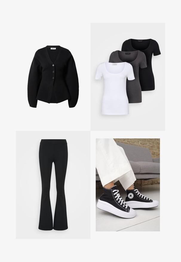 Schwarze Strickjacke mit langen, gepufften Ärmeln, tiefem V-Ausschnitt und vier vorderen Knöpfen. Hergestellt aus einem glatten Stoff mit einer taillierten Silhouette.; Drei figurbetonte T-Shirts in Weiß, Grau und Schwarz. Jedes hat einen weiten Rundhalsausschnitt und kurze Ärmel. Hergestellt aus glattem, elastischem Stoff.; Schwarze, ausgestellte Hosen aus dehnbarem Material mit hohem Bund und glatter Textur. Die Hose weitet sich ab dem Knie.; Schwarze Canvas-Hochtop-Sneakers mit weißen Gummisohlen und Schnürsenkeln. Mit einem runden Logo an der Seite und kontrastierendem weißen Nähten.