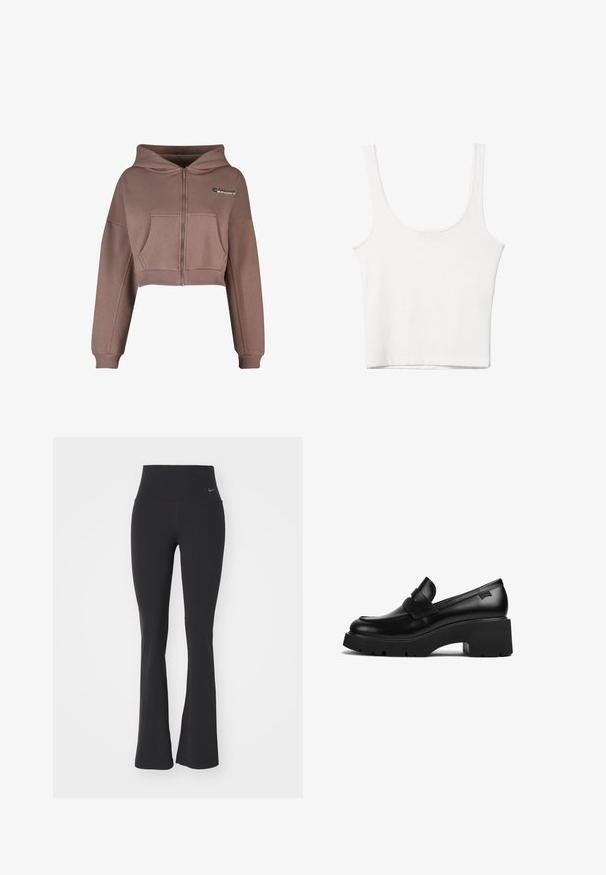 Skraćena zip-up dukserica u neutralnoj smeđoj boji. Ima prednji džep, rebrast obrub, te rebraste manžete. Sportski logo na gornjoj levoj strani.; Bijela pamučna majica bez rukava s izrezom u obliku slova U, tijesnog kroja. Glatka tekstura, jednostavan dizajn i minimalni detalji šivanja.; Crne tajice za jogu s visokim strukom, izrađene od rastezljive tkanine. Imaju široki kroj i mali Nike logo na struku.; Crna kožna loaferica s debelim potplatom i chunky petom, s trakom preko gornjeg dijela, prikazana sa strane na bijeloj pozadini.