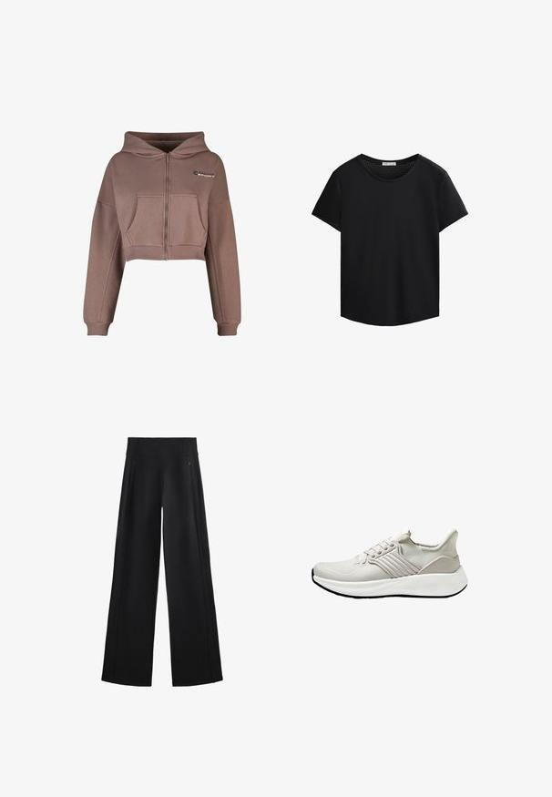 Skraćena zip-up dukserica u neutralnoj smeđoj boji. Ima prednji džep, rebrast obrub, te rebraste manžete. Sportski logo na gornjoj levoj strani.; Crna majica kratkih rukava s okruglim izrezom i perforiranim mrežastim detaljima na ramenima. Glatka tkanina, opušteni kroj, zakrivljeni rub.; Široke crne hlače od meke tkanine, sa visokim strukom i dva džepa sa patentnim zatvaračima, uz to imaju suptilne šavove duž bočnih strana.; Lagane atletske tenisice od bež mrežastog materijala s teksturiranim finišom, koje imaju bijeli potplat i tonirane bočne naglaske. Jednostavan dizajn s vezanjem.