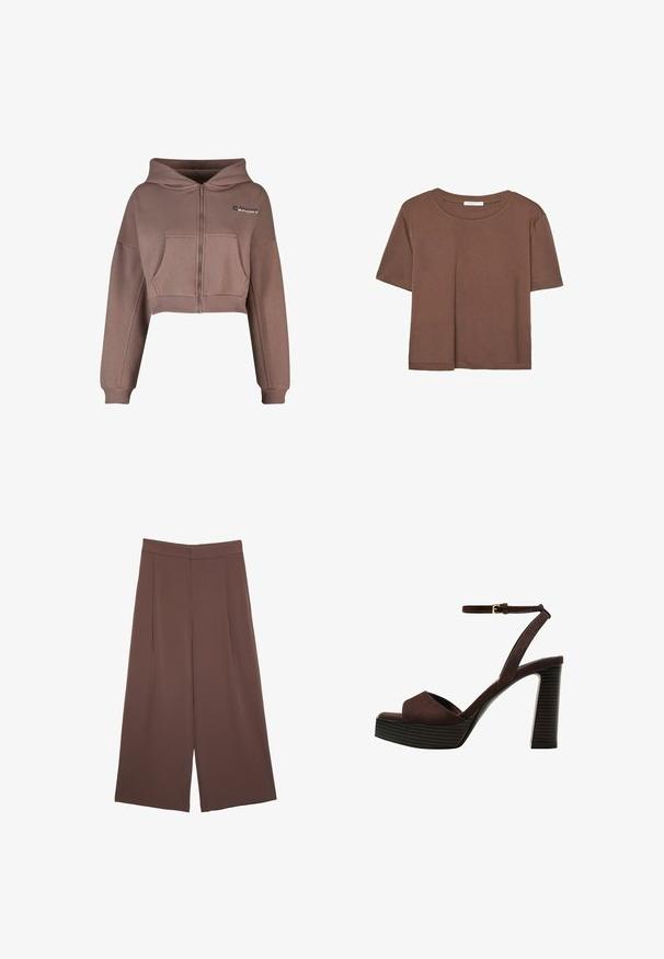 Zkrácená mikina s kapucí na zip v tlumené hnědé barvě. Má přední kapsu, pružné zakončení a odpovídající pružné manžety. Sportovní logo na levém horním rohu.; Hnědé tričko s krátkým rukávem vyrobené z měkké látky, s kulatým výstřihem a volným střihem. Bez viditelných vzorů nebo dekorací.; Hnědé široké kalhoty s hladkou texturou, vysokým pasem a předními záhyby. Materiál je lehký a volně splývá.; Hnědé semišové sandály na vysokém podpatku s otevřenou špičkou, nastavitelným páskem kolem kotníku a proužkovou platformou.