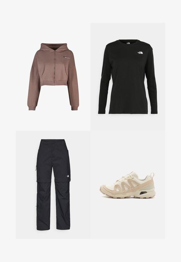 Trumpas zip-up džemperis iš blankiai rudos medžiagos. Yra priekinė kišenė, raukšlėta apačia ir atitinkamos raukšlėtos rankovės. Sporto logotipas viršutiniame kairiajame kampe.; Juodas ilgomis rankovėmis medvilninis marškinėliai su apvali apykakle. Savybė - mažas baltas logotipas kairėje krūtinės pusėje. Paprastas dizainas ir pritaikymas.; Juodos nailoninės krovinių kelnės su reguliuojamais rankovėmis, daugybe kišenių ir logo ant dešinės kojos. Lygi, lengva tekstūra.; Bežinės ir kreminės spalvos sportinės bateliai su tekstūruoto tinklelio viršutine dalimi, palaikančiomis detalėmis ir guminiais padais, turinčiais raštą, užtikrinantį sukibimą.