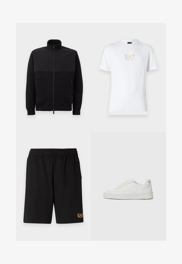 Μαύρο μπουφάν με πλήρως φερμουάρ και ψηλό γιακά, δύο πλαϊνές τσέπες με φερμουάρ και ραμμένα μανίκια, τοποθετημένο επίπεδα σε λευκό φόντο.; Λευκό βαμβακερό t-shirt με στρογγυλή λαιμόκοψη και κοντά μανίκια, με χρυσό λογότυπο EA7 Emporio Armani τυπωμένο μπροστά.; Μαύρες αθλητικές βερμούδες από μαλακό ύφασμα, με ελαστική μέση και μικρό λογότυπο EA7 στο κάτω αριστερό πόδι.; Λευκό δερμάτινο sneakers με λείο φινίρισμα, στρογγυλή μύτη, επίπεδα κορδόνια και υφή στην σόλα. Φέρει μια διακριτική λογότυπο στη φτέρνα.