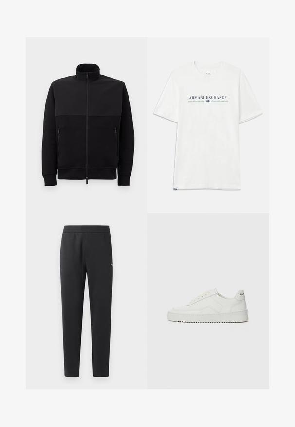 Svart full-zip jakke med høy krage, to glidelåslommer på siden og ribbestrikkede mansjetter, lagt flatt på en hvit bakgrunn.; Hvit bomull t-skjorte med korte ermer, med en blå og grønn "ARMANI EXCHANGE" logo og "1991" sentrert under.; Sorte joggebukser laget av myk stoff, med elastisk midjebånd, rette ben og en liten logo detalj på siden.; Hvite lærersneakers med en jevn overflate, rund tå, flate lisser og en teksturert såle. Har en subtil logo på hælen.