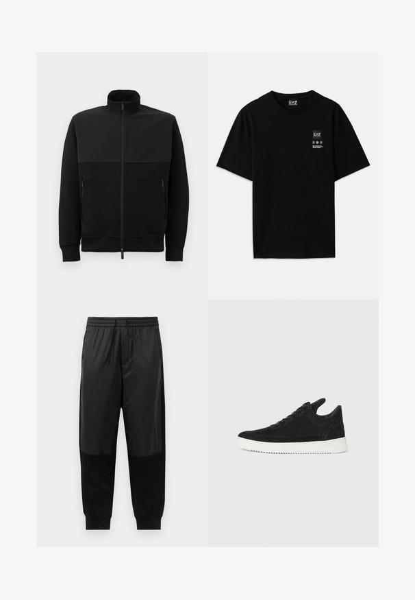 Fekete, teljes hosszúságú, cipzáros dzseki magas gallérral, két cipzáras oldalzsebbel és bordázott mandzsettával, fehér háttéren fekve.; Fekete pamut póló rövid ujjal, kerek nyakkivágással, az elején egy kis logócímkével, amely fehér színű ápolási szimbólumokat tartalmaz.; Fekete sportnadrág sima és texturált anyagok keverékéből, rugalmas derékpánttal és húzózsinórral, valamint keskenyített szárakkal.; Fekete nubuk sportcipő fehér gumitalppal, tónusos varrással és fűzős kialakítással. Simák a textúrája, modern, letisztult formával rendelkezik.