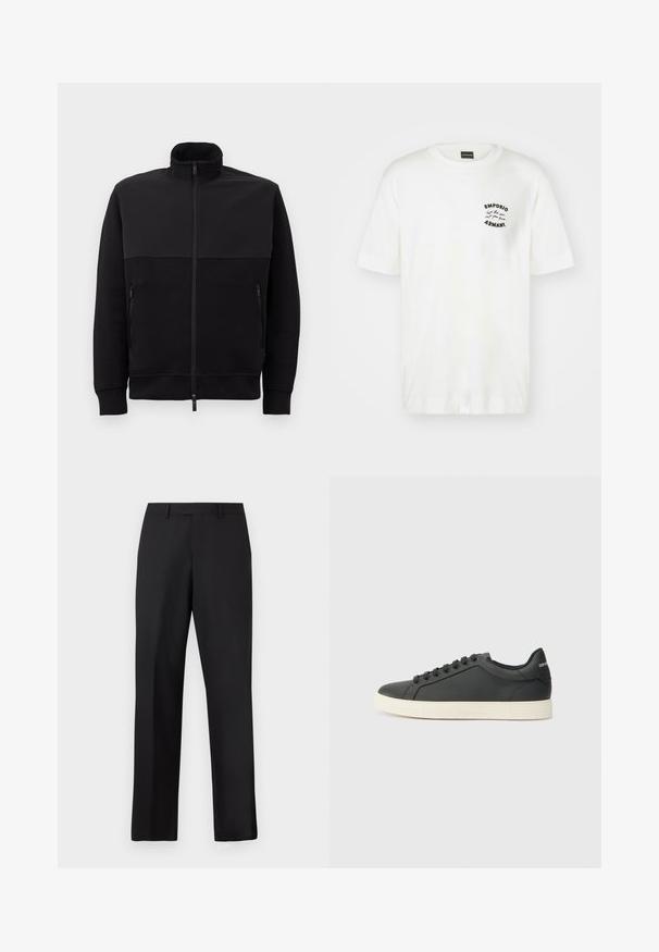 Juodas pilnai užtraukiamas švarkas su aukštu apykakle, dviem užtraukiamomis šoninėmis kišenėmis ir suribotomis rankovėmis, išklotas ant balto fono.; Balta medvilninė marškinėlių su apvalia apykakle ir trumpomis rankovėmis. Kairėje krūtinės pusėje yra juodas siuvinėtas logotipas. Lygi tekstūra.; Juodos, tiesios kojų kelnės iš lygaus audinio. Turi standartinę juosmens juostą ir neturi matomų raštų ar akcentų.; Juodos odinės sportinės bateliai su žemu profiliu, apvaliu pirštu ir raištelių uždarymu; turi tekstūruotą guminį padą ir logotipo detalę ant kulno.