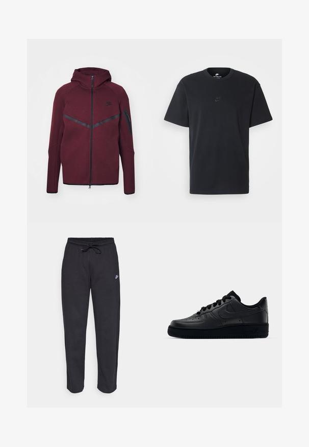 Moletom Nike cor bordô com frente com fecho zip, listras de realce pretas e um design ajustado. Apresenta capuz e um bolso com fecho zip na manga.; T-shirt de algodão preto da Nike com um clássico decote redondo, mangas curtas e um logótipo em relevo discreto no peito. Textura suave.; Calças de treino pretas feitas de tecido suave, com faixa elástica na cintura, cordão regulador e um pequeno logótipo da Nike na coxa esquerda.; Sapatilha Nike Air Force 1 preta com parte superior em couro liso, bico perfurado para respirabilidade, atacadores pretos e sola de borracha texturizada.