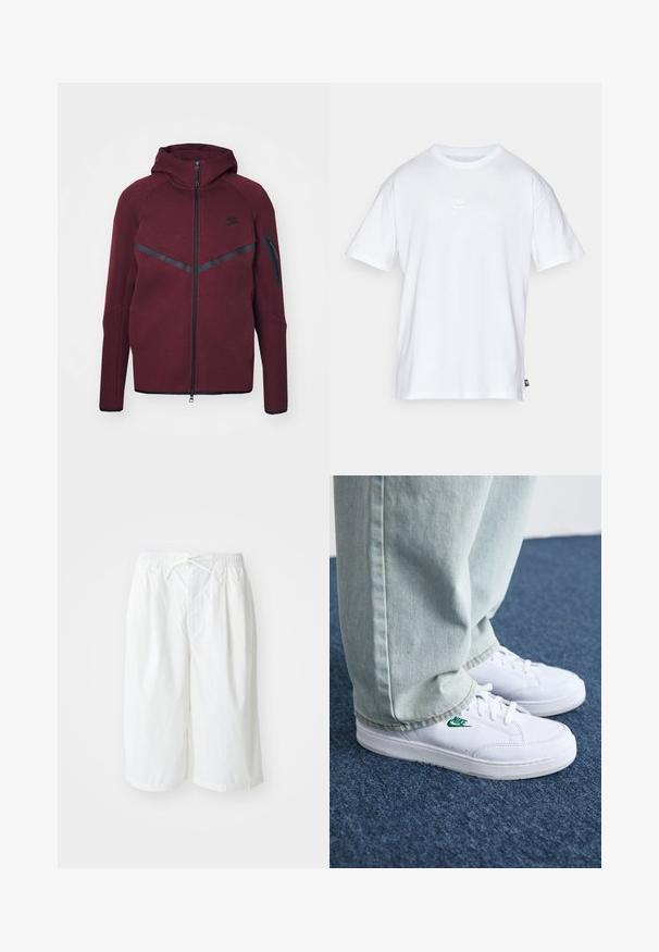 Burgundska Nike kapuca s patentnim zatvaračem, crne akcentne pruge i uskim dizajnom. Ima kapuljaču i patentni džep na rukavu.; Bela bomba iz bombaža s kratkimi rokavi in okroglo ovratnikom. Ima majhen, diskreten Nike logotip na prsih in stranski etiket.; Bele hlače s elastičnim pasom in vrvico, prikazane na enobarvni svetli podlagi. Primerne za sproščeno ali toplo vreme.; Bela usnjena športna obutev z zelenim Nike logotipom, okrogla konica, ravna podplat, v kombinaciji z svetlo modrimi kavbojkami, prikazana na modrem preprogu.