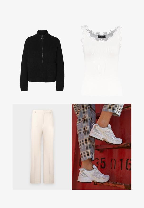 Čierny zipsový kardigán vyrobený z mäkkej, štruktúrovanej látky, s vysokým golierom a dvoma prednými vreckami. Jednoduchý dizajn s minimálnymi akcentmi.; Biely rebrovaný tielko s čipkovým lemom na výstrihu a rukávoch. Má jemnú textúru a priliehajúci strih. Viditeľná značka vo vnútri.; Bežové nohavice na mieru so strihom rovného nohavicu, vyrobené z ľahkého materiálu. Obsahujú predné záhyby a klasický pás.; Biele sieťkové tenisky so striebornými detailmi a textúrovanou podrážkou, umiestnené na červenom povrchu, v kombinácii s károvanými nohavicami.