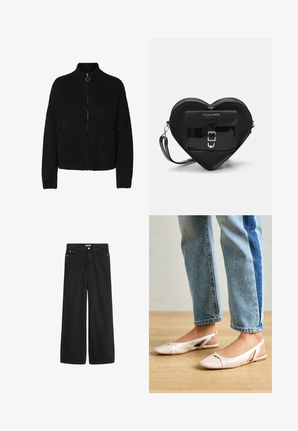 Black zip-up cardigan made of soft, textured fabric, featuring a high collar and two front pockets. Simple design with minimal accents.; Black t-shirt made of soft fabric, featuring a crew neckline and short sleeves. The design is simple with no visible patterns or accents.; Wide-leg black denim jeans with a high waist. Features five pockets, metal hardware, and a clean finish. The texture is smooth and soft.; Pale pink slingback flats with a pointed toe, made from a smooth leather-like material. Features cut-out details at the sides and a flat heel.; Black heart-shaped bag made of patent leather with a front pocket featuring a buckle closure and a detachable strap. Silver hardware accents.