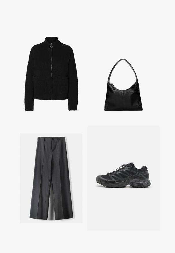 Czarny rozpinany kardigan wykonany z miękkiego, teksturowanego materiału, z wysokim kołnierzem i dwiema przednimi kieszeniami. Prosty design z minimalnymi akcentami.; Czarny, prążkowany t-shirt z krótkim rękawem i okrągłym dekoltem. Materiał jest gładki i elastyczny, zaprojektowany z myślą o dopasowanym kroju.; Spodnie o szerokich nogawkach w ciemnoszarym kolorze, z zapięciem na guzik, plisami z przodu i szlufkami na pasek. Gładka faktura z dopasowanym krojem.; Czarny but biegowy z siateczkowym i syntetycznym wierzchem, elastyczną podeszwą oraz elastycznymi sznurówkami. Oferuje amortyzującą podeszwę środkową dla komfortu.; Czarna skórzana torba na ramię o gładkiej fakturze, zaokrąglonym wierzchu i pojedynczym pasku. Posiada zamek błyskawiczny i minimalistyczny design.