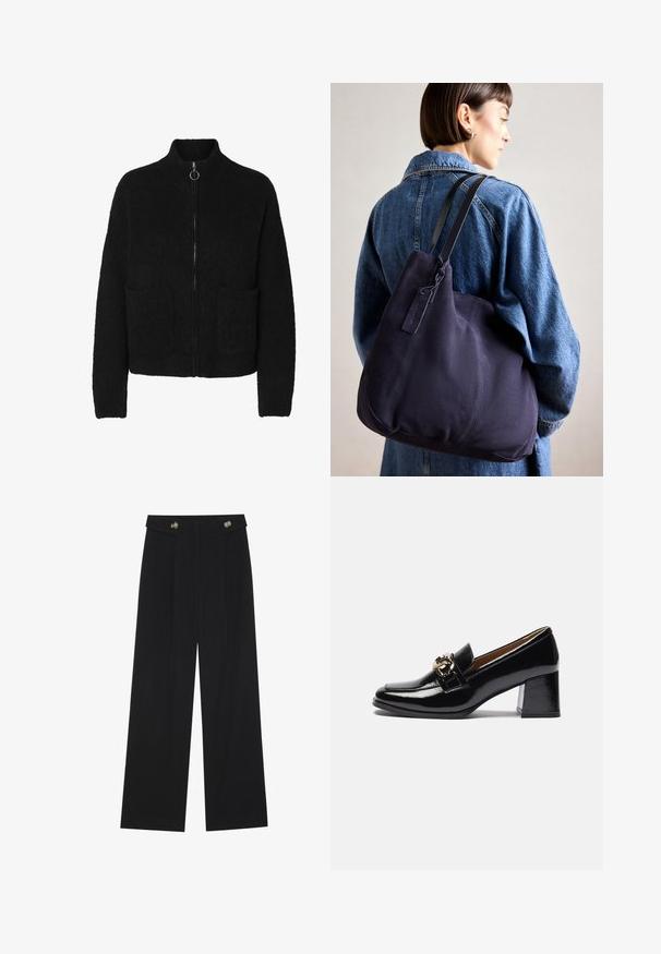 Mustast tõmbluku jao kardigan, mis on valmistatud pehmest tekstuurses kangast. Kardiganil on kõrge krae ja kaks esist kotti. Lihtne disain minimaalsete aksessuaaridega.; Valge lühikeste varrukatega t-särk, mis on valmistatud pehmest puuvillast. Omab ümmargust kaelust ja mugavat lõiget. Puhtad jooned, ilma nähtavate mustrite või aktsentideta.; Mustad laiad püksid kõrge vöökoha ja nööpdetailidega vööandil, esikortsudega.; Mustad nahast kõrge kontsaga mokassiinid, millel on ümar varvas, paksem konts ja kuldse tooni detailline aksessuaar esirihmal.; Tumesinise kangast õlalauk, millel on pehme, struktureeritud kuju, must rihm, tikandiga detailid ja väike brändi silt.