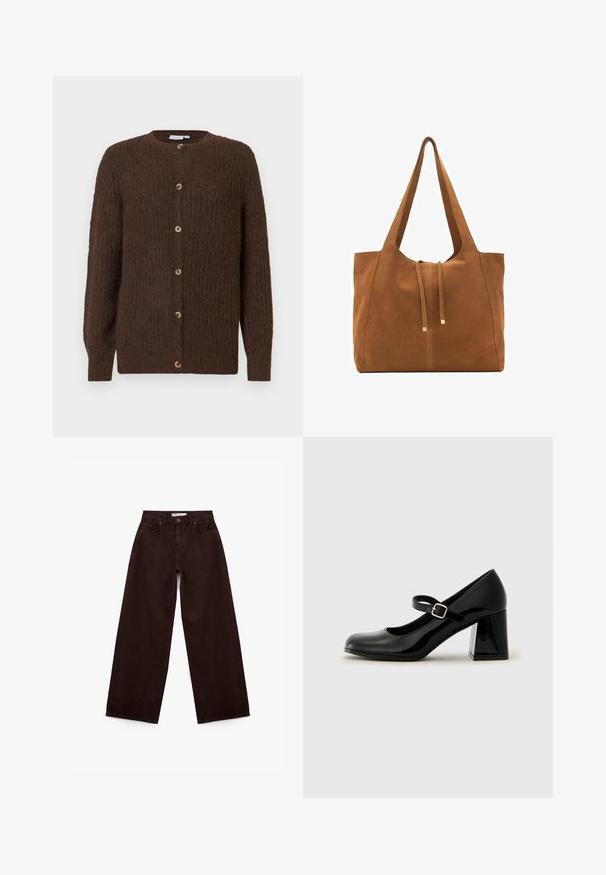Cardigan a maglia marrone testurizzata con scollatura rotonda e sei bottoni sul davanti, maniche lunghe e polsini a costine.; T-shirt bianca in cotone a maniche corte con scollatura rotonda. Design semplice, vestibilità ampia, texture liscia. Nessun motivo o accento visibile.; Jeans larghi marroni in denim di cotone, con vita alta, tasche frontali e orlo grezzo alla caviglia. Design classico a cinque tasche.; Scarpa Mary Jane in pelle verniciata nera con punta arrotondata, cinturino regolabile e tacco rettangolare spesso. Texture liscia con una finitura lucida.; Borsa a tracolla in suede marrone con due lunghe cinghie, chiusura con cordoncino e design minimalista. Texture liscia e senza elementi hardware visibili.