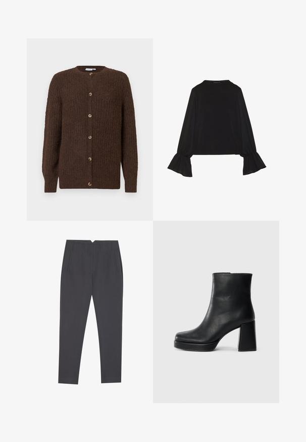 Ruskea teksturoitu neulecardigan, jossa on pyöreä pääntie ja kuusi nappia edessä, pitkät hihat ja ribbauskankaiset hihat.; Musta pitkähihainen toppi, jossa on levenevät hihansuut, pehmeä rakenne ja rento fit, yksinkertaisella pyöreällä pääntiellä.; Tumma harmaat kapeat housut, joissa on sivutaskut ja etutekoinnit, suunniteltu olevan hyvin istuva.; Musta nahkasaapas nilkkapituisena, jossa on paksu korko ja alustapohja, nähtynä sivulta yksinkertaisella valkoisella taustalla.