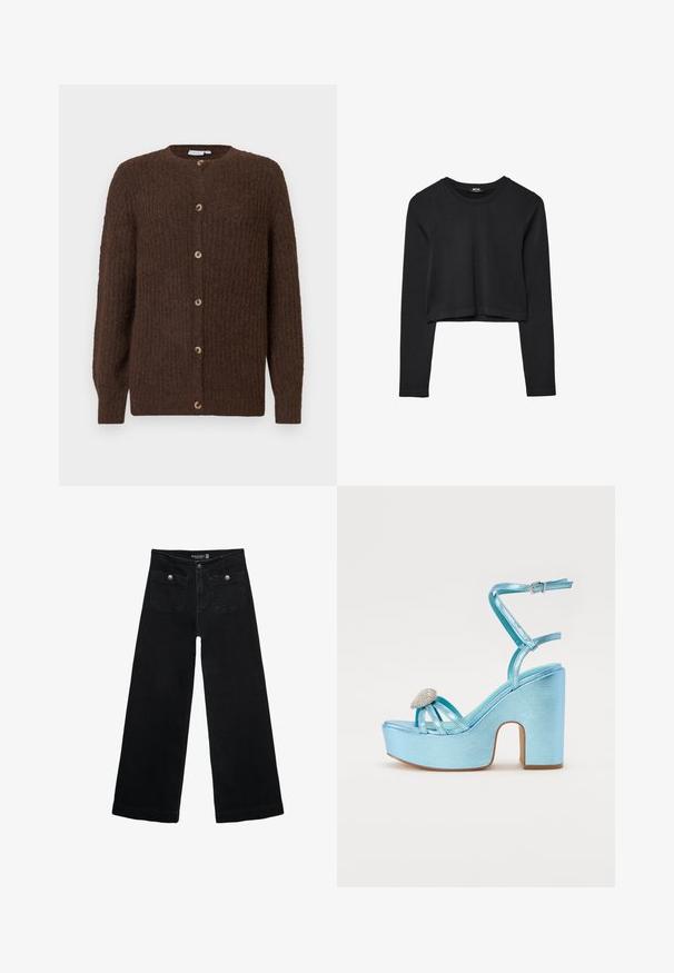 Rjav pleten cardigan z okroglim izrezom in šestimi gumbi spredaj, dolgimi rokavi in ribastimi manšetami.; Črna dolgi rokavi prerezana majica s krožnim izrezom, enostaven dizajn in rahlo ukrivljen rob.; Črne široke kavbojke z visokim pasom, ki imajo dva sprednja žepa in kovinske gumbi. Tkanina ima gladko teksturo.; Modre kovinske platforme s debelim petnikom, s prečno prepletenimi trakov in okrasjem iz draguljev na predelu prstov.