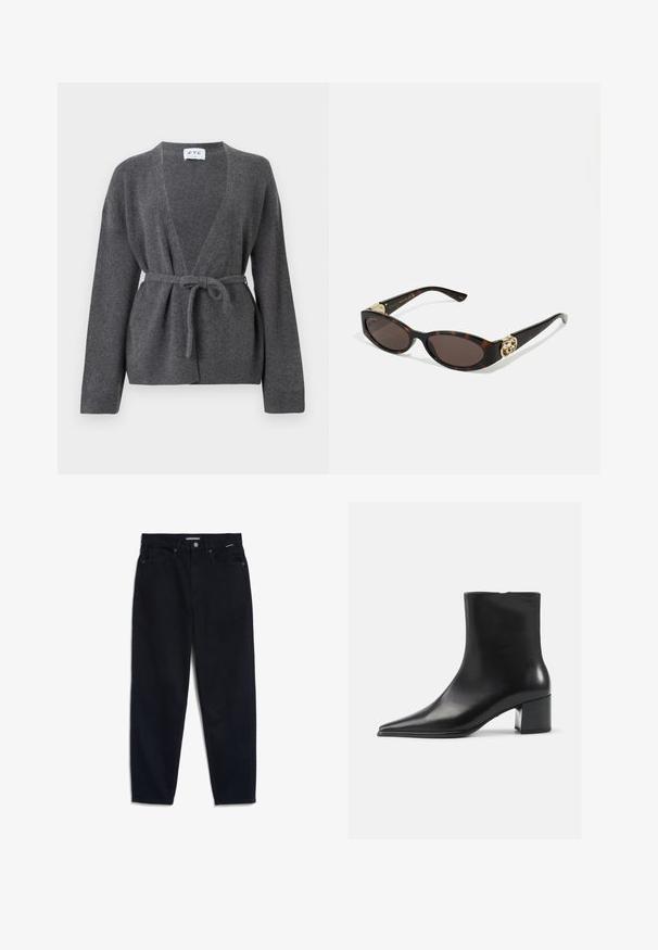 Donkergrijze gebelde cardigan met lange mouwen, V-hals en geribde manchetten en zoom, weergegeven op een witte achtergrond.; Witte overhemd met knopen gemaakt van katoen, met een borstzak en een klein geborduurd logo. Ontspannen pasvorm met een klassieke kraag en lange mouwen.; Zwarte denim jeans met een rechte pijp, vijf zakken en een knoopsluiting. De stof heeft een gladde textuur en minimale zichtbare stiksels.; Zwarte leren enkellaars met een spitse neus, een soepele textuur en een middenblokhak. Minimalistisch ontwerp, ritssluiting aan de achterkant.; Schildpadbril met langwerpige ovale lenzen, bruine tint, gouden logo-accenten op de pootjes en slanke zwarte armen.