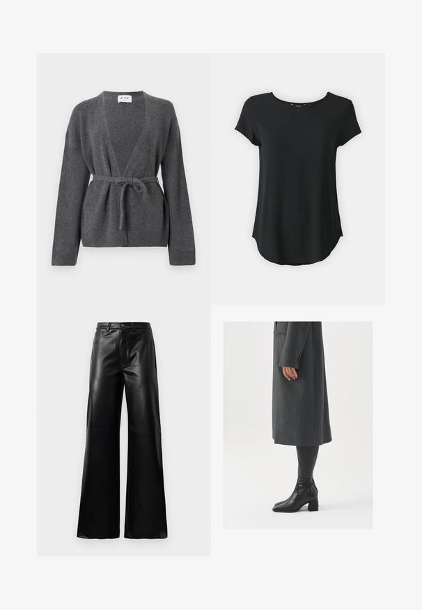 Sötét szürke övvel ellátott kardigán hosszú ujjakkal, V nyakkivágással, bordázott mandzsettákkal és szegéllyel, fehér háttér előtt kiemelve.; Fekete rövid ujjú póló, kerek nyakkal, puha anyagból, enyhén ívelt aljjal és oldalsó hasítékokkal a kényelmes mozgás érdekében. Nincsenek látható mintázatok.; Fekete, magas derekú, széles lábú, műbőr nadrág elülső gombbal, cipzárral, övbújtatókkal és oldalsó zsebekkel, fehér háttérrel.; Szürke, szabott overál, egyenes vonallal; térd fölé érő fekete bőrcsizmákkal párosítva, négyzetes orral és vastag sarokkal.