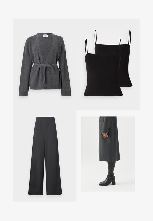 Cardigan oscuro gris con cinturón, de mangas largas, escote en V, y puños y dobladillo acanalados, presentado sobre un fondo blanco.; Camisetas de tirantes finos negras, con un tejido suave y elástico y una silueta ajustada. Diseño de paquete de dos.; Pantalones de pierna ancha de talle alto en tejido gris oscuro con una textura suave. No presentan bolsillos visibles ni adornos.; Abrigo gris, entallado y de corte recto; combinado con botas de cuero negras hasta la rodilla que tienen punta cuadrada y tacón grueso.