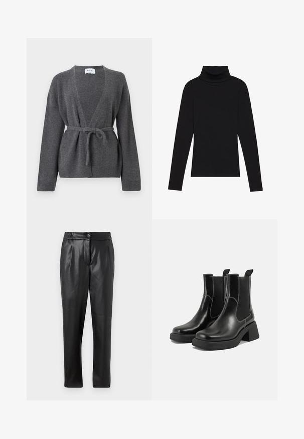 Sötét szürke övvel ellátott kardigán hosszú ujjakkal, V nyakkivágással, bordázott mandzsettákkal és szegéllyel, fehér háttér előtt kiemelve.; Fekete garbónyakú, hosszú ujjú felső, bordás anyagból készült, testhez álló fazonnal, magas nyakkal, minták és díszítések nélkül.; Fekete bőr nadrág sima textúrával, egyenes szabással, rugalmas derékkal és elülső gombos záródással; pliszírozott részletezéssel és szűkített lábakkal.; Fekete bőr Chelsea csizmák masszív sarkakkal, rugalmas oldalsó panelekkel és kontrasztos fehér varrással. Texturált felület.
