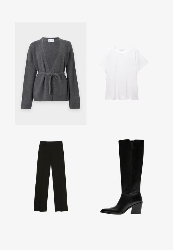 Mørkegrå bæltecardigan med lange ærmer, V-hals og ribbede manchetter og kant, præsenteret på en hvid baggrund.; Hvid T-shirt lavet af blødt, let stof. Har en rund halsudskæring og korte, brede ærmer med en afslappet pasform. Ingen synlige mønstre.; Sorte brede bukser lavet af et glat stof, med en tætsiddende talje og subtile frontfolder for ekstra tekstur.; Sorte knæhøje støvler lavet af glat læder, med spids tå, blokhæl og en V-formet udskæring foroven.