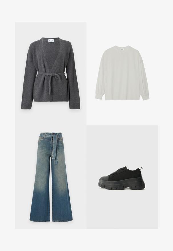 Mørkegrå bæltecardigan med lange ærmer, V-hals og ribbede manchetter og kant, præsenteret på en hvid baggrund.; Lys grå langærmet t-shirt lavet af blød bomuld. Har en løs pasform, rund halsudskæring og let indsamlede manchetter. Ingen mønstre eller grafikker.; Bredbens-denimbukser med en lys til mørk blå gradient, høj talje, bælteløkker og et matchende stofbælte. Tekstureret denimfinish.; Sorte sneakers med en kraftig gummisål, tekstureret stofoverdel, rund tå og snørredesign. Har forstærkede snørrehuller og en trækkrog bagpå.
