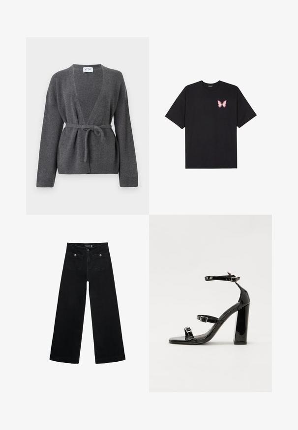 Dunkelgrauer, taillierter Cardigan mit langen Ärmeln, V-Ausschnitt sowie gerippten Bündchen und Saum, auf einem weißen Hintergrund präsentiert.; Schwarzes Baumwoll-T-Shirt mit kurzen Ärmeln, das ein kleines pinkes Schmetterlingsmotiv auf der linken Brust zeigt. Crewneck-Design mit einem entspannten Schnitt.; Schwarze, weit geschnittene Jeans mit hoher Taille, die zwei Fronttaschen und metallene Knopfakzente aufweist. Der Stoff hat eine glatte Textur.; Schwarze patentierte Sandalen mit Absatz, quadratischer Spitze, Knöchelriemen und silbernen Schnallen. Mit einem stabilen Blockabsatz für mehr Stabilität.