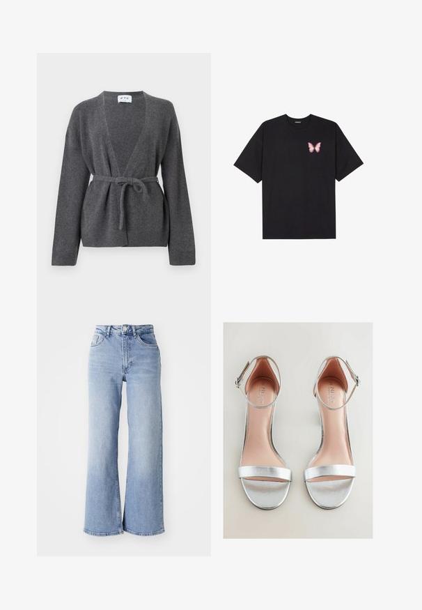 Mørkegrå bæltecardigan med lange ærmer, V-hals og ribbede manchetter og kant, præsenteret på en hvid baggrund.; Sort bomulds T-shirt med korte ærmer, prydet med en lille pink sommerfugl grafik på venstre bryst. Rund hals design med en afslappet pasform.; Lysblå højtaljede brede jeans med for- og baglommer, knaplukning og subtil falming på lårene og kantene.; Sølv højhælede sandaler med metallisk finish, slankt ankelrem og en bred forkant. Let polstret indersål med brandlogo.