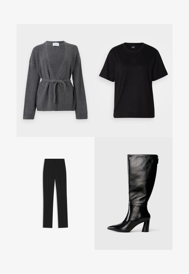 Dunkelgrauer, taillierter Cardigan mit langen Ärmeln, V-Ausschnitt sowie gerippten Bündchen und Saum, auf einem weißen Hintergrund präsentiert.; Schwarzes Baumwoll-T-Shirt mit Rundhalsausschnitt, kurzen Ärmeln und aufgesticktem Logo auf der Brust. Einfacher, lässiger Schnitt ohne Muster.; Schwarze maßgeschneiderte Hose mit geradem Bein, ausgestattet mit Fronttaschen und einem glatten, strukturierten Stoff. Saubere, minimale Details.; Knöchelhohe schwarze Lederstiefel mit einer spitzen Zehe, glatter Oberfläche und einem klobigen Absatz. Verfügt über einen Reißverschluss hinten.