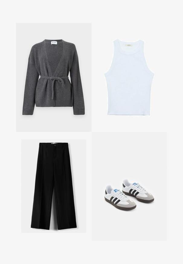 Tmavo šedý kardigán s opaskom, dlhými rukávmi, výstrihom do V a rebrovanými manžetami a lemom, vystavený na bielom pozadí.; Biele tielko, rebrový textúra, okrúhly výstrih, bezrukávový dizajn, priliehavý strih, diskrétne logo na štítku vo vnútri oblasti goliera.; Čierne široké nohavice z ľahkého materiálu, s predným zapínaním na gombík a plochým predným dielom, s pekne ušitými lemami.; Športové topánky s bielym koženým zvrškom, šedou semišovou špičkou a tromi čiernymi pruhmi. Obsahujú modré logo na jazyku a štruktúrovanú gumovú podrážku.