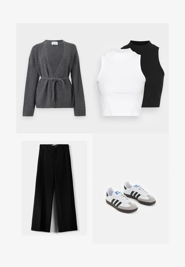 Temno siva kardigan z pasom, dolgimi rokavi, V-izrezom ter rebrastimi manšetami in robom, prikazan na beli podlagi.; Dva brezrokavniki z rebrasto turtleneck gorami v črni in beli barvi, z oblikovanim dizajnom in gladko teksturo, v skrajšani dolžini.; Črne široke hlače iz lahkega materiala, z zapiranjem na gumb spredaj in ravnim sprednjim delom, s skrbno zašiti robovi.; Športni čevlji z belim usnjenim zgornjim delom, sivim semišem na prstih in tremi črnimi črtami. Imajo modro logo na jeziku in teksturiran gumijast podplat.