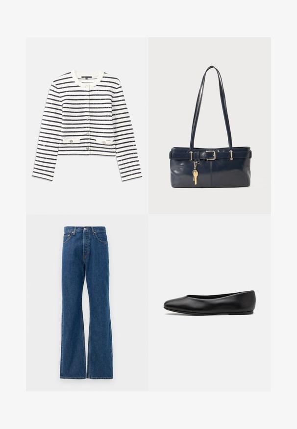 Prugasta cardigan v kremni in mornarski modri barvi, ki ima okroglo izrez in gumbke ter dve sprednji žepki. Material ima teksturiran zaključek z rahlim leskom.; Prugasta srajca z gumbniki z belo podlago, ki vključuje ozke večbarvne črte v modri, oranžni in zeleni barvi. Dolgi rokavi in klasičen ovratnik.; Modre flared jeans iz denima z visokim pasom, opremljene s petimi žepi, srebrnim gumbom za zapiranje in vidnimi šivi.; Paul Smith TOPANGA - Balerinke - black; Mornarska usnjena torbica z dvema dolgima ročajema, dodatkom z zaponko in pritrjeno ključavnico. Ima gladko teksturo in pravokotno obliko.