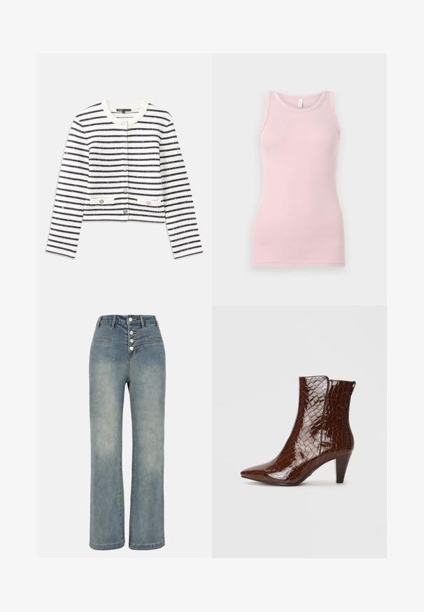 Gestreifter Cardigan in Creme und Marineblau, mit Rundhalsausschnitt, Knöpfen und zwei vorderen Taschen. Das Material hat eine strukturierte Oberfläche mit dezentem Schimmer.; Hellrosa Tanktop aus weichem, dehnbarem Stoff. Es hat einen runden Halsausschnitt und schmale Träger, mit einer glatten Textur und einer figurbetonten Passform.; Hellblaue Denim-Jeans mit weitem Bein und hoher Taille, Fünf-Knopf-Verschluss und zwei vorderen Taschen. Glatte Textur mit subtilen Verblassungen.; Braune Stiefeletten aus Kunstleder mit spitzer Zehenpartie, Krokodilstruktur und einem 5 cm hohen gestapelten Absatz. Seitlicher Verschluss ohne sichtbare Beschläge.