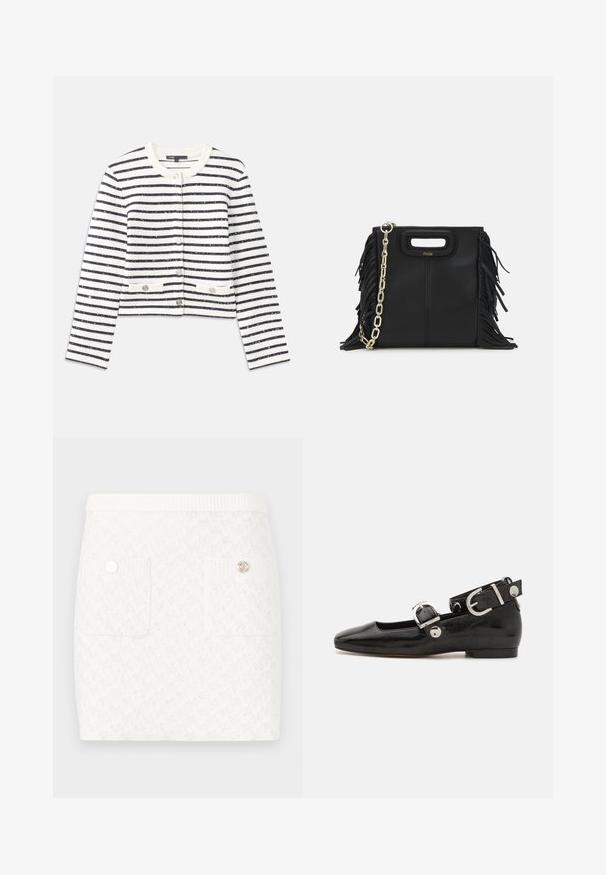 Pruhovaný kardigan v krémové a námořnické barvě, vybavený kulatým výstřihem, knoflíky a dvěma předními kapsami. Materiál má texturovaný povrch s jemným leskem.; Námořnicky modrý žebrovaný polo tričko s špičatým límcem, krátkými rukávy a dvěma předními kapsami se zacvakávacími knoflíky; zvýrazněné bílými švy.; Krátká bílá sukně s texturovaným vzorem, která má dvě přední kapsy a dekorační knoflíky ve zlatém odstínu. Elastický pas pro pohodlí.; Černé lakované baleríny se čtveratou špičkou, nártní přezkou s stříbrným kováním a plochou podrážkou. Hladká textura s minimalistickým designem.; Černá kožená kabelka s třásněmi, zlatým řetízkovým ramenním popruhem a rukojetí s výřezem. Na přední straně se nachází logo.