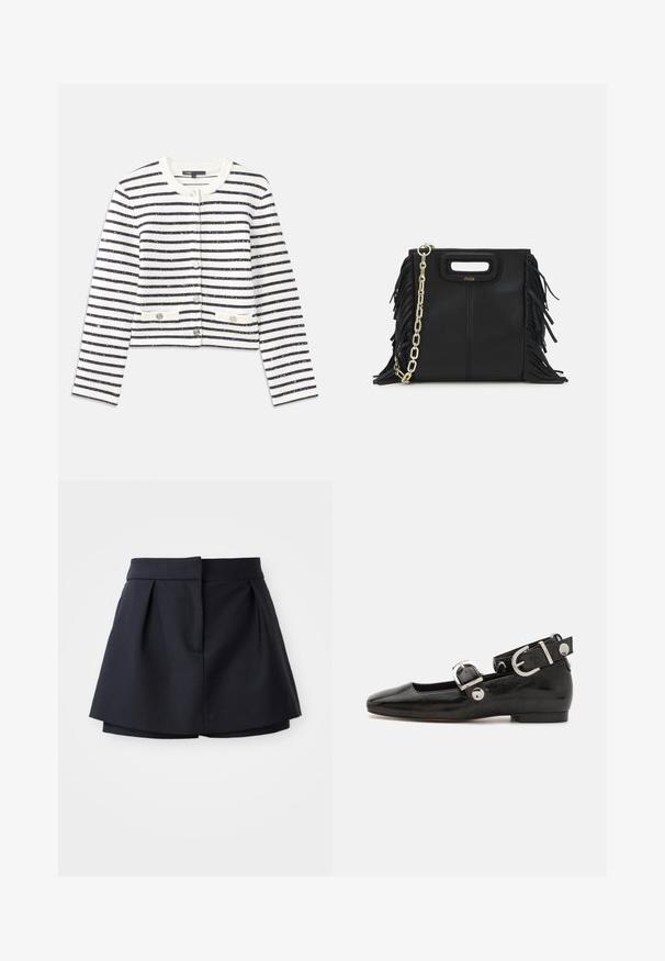 Randig kofta i krämfärgad och marinblå, med rund halsringning, knappar och två framfickor. Materialet har en texturerad yta med subtil lyster.; Marinblå ribbad polo-shirt med spetsig krage, korta ärmar och två framfickor med knappslut; framhävd med vita sömdekorationer.; Marinblå plisserade shorts med hög midja, tillverkade av mjukt tyg. Har en figurnära design och en dold framficka.; Svart lacklädersplattork med fyrkantig tå, ankelrem med silverfärgad detalj och platt sula. Slät yta med minimalistisk design.; Svart läderhandväska med fransdetaljer, guldkedja som axelrem och ett handtag med urtag. Har logotyp placering framtill.