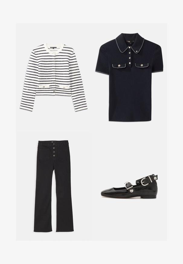 Striped cardigan in cream and navy, featuring a round neckline, buttons, and two front pockets. Material has a textured finish with subtle shimmer.; Navy ribbed polo shirt featuring a pointed collar, short sleeves, and two front pockets with snap buttons; highlighted with white stitching accents.; Black denim flared jeans with a high waist, five-pocket design, and a front button closure featuring four metal buttons.; Black patent leather flat shoe with a squared toe, ankle strap featuring silver hardware, and flat sole. Smooth texture with minimalist design.