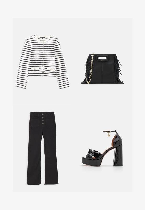 Prúhovaný kardigán v krémovej a námorníckej modrej farbe, ktorý má okrúhly výstrih, gombíky a dve predné vrecká. Materiál má textúrovaný povrch s jemným leskom.; Námornícky pruhovaný polo tričko s špicatým golierom, krátkymi rukávmi a dvoma prednými vreckami so zacvakávacími gombíkmi; zvýraznené bielymi stehovými akcentmi.; Čierne riflové nohavice s rozšírenými nohavicami a vysokým pásom, s piatimi vreckami a predným zapínaním na tlačidlá so štyrmi kovovými gombíkmi.; Maje Sandále na vysokom opätku - noir; Čierna kožená kabelka s strapcami, zlatým reťazovým ramenným popruhom a vykrojenou rukoväťou. Na prednej strane sa nachádza logo.