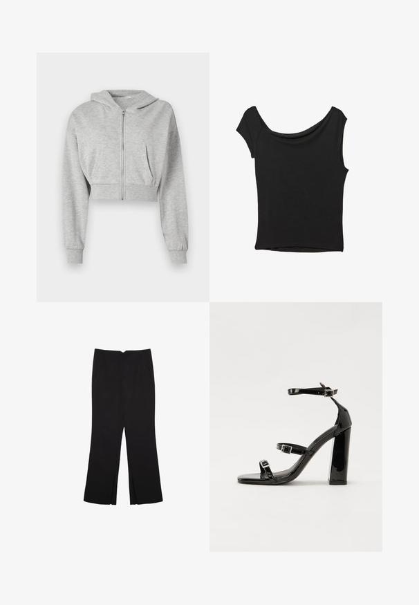 Sivá skrátená mikina s kapucňou vyrobená z mäkkej tkaniny, s predným zipsom, dlhými rukávmi a dvoma prednými vreckami. Hladký povrch, nastaviteľná kapucňa.; Čierny krátky rukáv top vyrobený z hladkej tkaniny; má prehnutý výstrih a asymetrický lem, s priliehavým telom.; Čierne nohavice so strihom rovného strihu, s prednými vreckami a bočnými rozparkami na leme. Vyrobené z mäkkej, hladkej tkaniny. Vhodné na rôzne príležitosti.; Čierne lakované sandále na podpätku so štvorcovou špičkou, navlečenými remienkami okolo členku a striebornými prackami. Disponujú masívnym blokovým podpätkom pre stabilitu.