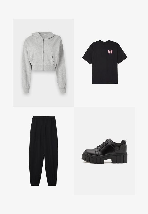 Gray cropped hoodie made of soft fabric, featuring a front zipper, long sleeves, and two front pockets. Smooth texture, adjustable hood.; Black cotton t-shirt with short sleeves, featuring a small pink butterfly graphic on the left chest. Crew neck design with a relaxed fit.; Black, lightweight pants with an elastic waistband and gathered ankles. The fabric is smooth and features a relaxed, tapered design.; Black leather platform shoes with a chunky block heel, round toe, and traditional lace-up design. Features smooth texture and minimal detailing.