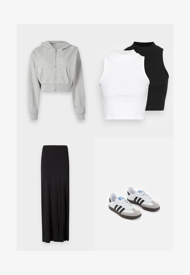 Gray cropped hoodie made of soft fabric, featuring a front zipper, long sleeves, and two front pockets. Smooth texture, adjustable hood.; Two sleeveless ribbed turtleneck tops in black and white, featuring a fitted design and smooth texture, with cropped length.; Black maxi skirt made of soft, stretchy material. Features a side slit and a simple, streamlined design with no embellishments.; Sport shoes with a white leather upper, gray suede toe, and three black stripes. Features a blue logo on the tongue and a textured rubber sole.