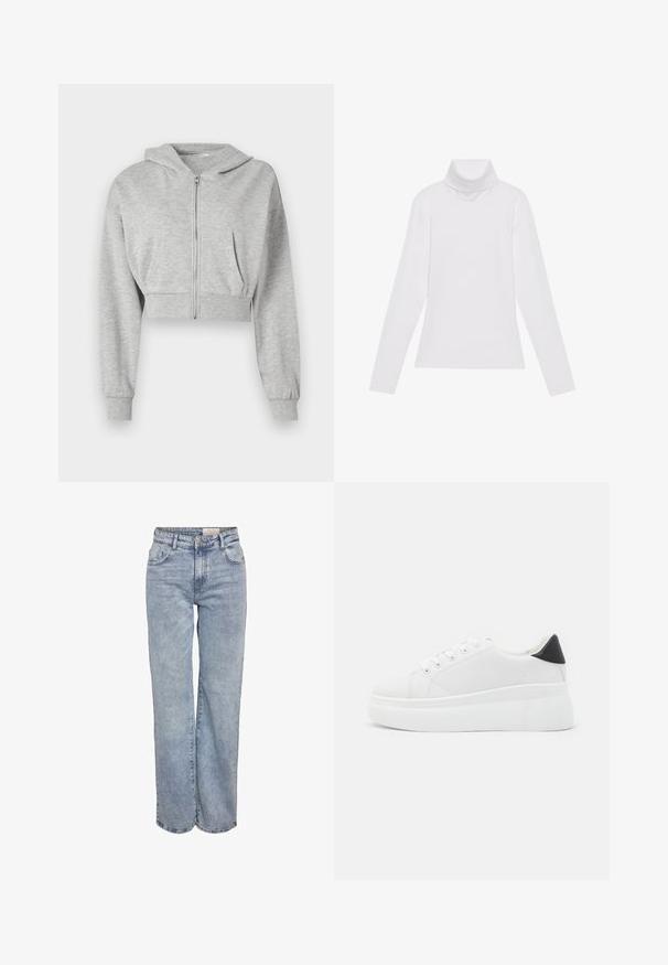 Siva skrajšana kapuca iz mehkega materiala, z sprednjim zadrgo, dolgimi rokavi in dvema sprednjima žepoma. Gladka tekstura, nastavljiva kapuca.; Bela dolga majica s turtleneck ovratnikom, izdelana iz gladke, raztegljive tkanine. Ima visok ovratnik in prilega telesu, brez vidnih vzorcev ali okrasitev.; Svjetloplave široke traperice od denima, sa visokim strukom, dizajnom s pet džepova i suptilnim blijeđenjem za izgled nakon nošenja.; Bele platform tenisice izdelane iz gladkega sintetičnega materiala, z zaobljenim prstom, sistemom vezalk in teksturiranim gumijastim podplatom. Črn dodatek na peti.