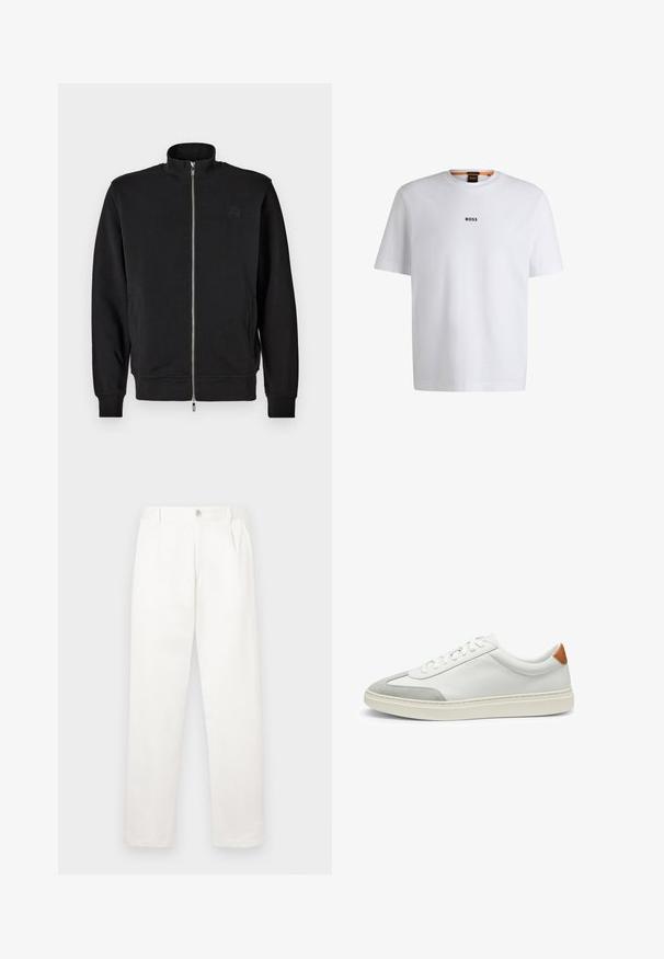 Black zip-up sweatshirt featuring a high collar, ribbed cuffs, and side pockets. Soft fabric with a subtle embossed logo on the chest.; White cotton T-shirt with short sleeves, featuring a black "BOSS" logo centered on the chest and a round neck design.; White trousers made from smooth fabric, featuring a straight leg design, front pleats, and a single button closure at the waist.; White leather sneakers with gray suede accents and a tan leather heel tab. Features a textured surface and lightweight sole.