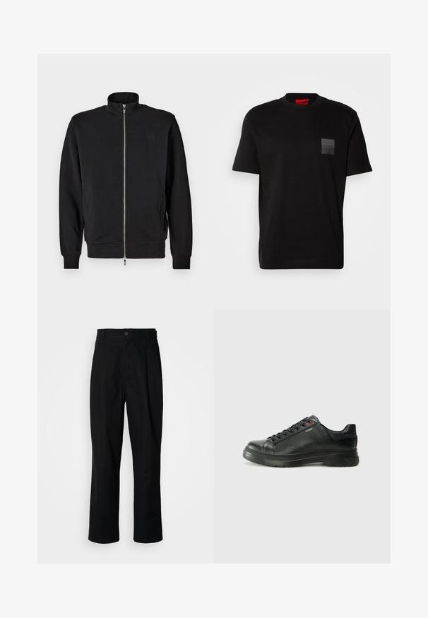 Crna dukserica na zatvaranje s visokim ovratnikom, rebrastim manžetama i bočnim džepovima. Mekana tkanina s diskretnim reljefnim logotipom na prsima.; Crna pamučna majica s okruglim izrezom, s teksturiranim crnim logotipom na lijevoj prednjoj strani. Kratki rukavi i opušteni kroj.; Crne hlače ravnog kroja s pojasom na dugmad, špicevima za remen i prednjim pregibom, prikazane na čisto bijeloj pozadini.; Crne kožne tenisice s teksturiranim gornjim dijelom, podstavljenim ovratnikom i crvenim logotipom. Imaju debeli gumeni potplat s izraženim uzorkom.