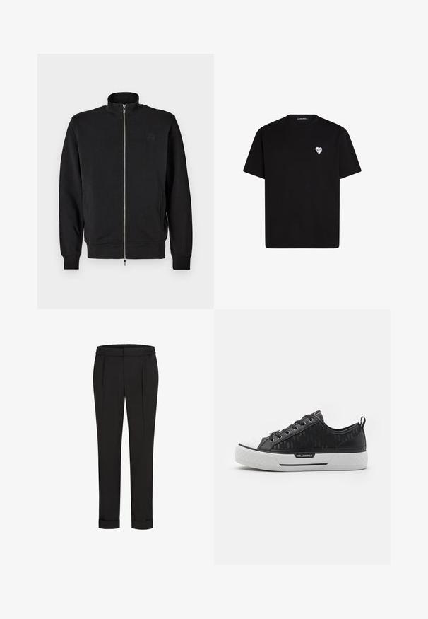 Juodas zip-up džemperis su aukštu apykakle, raukšlėtomis rankovėmis ir šoninėmis kišenėmis. Minkšta medžiaga su subtiliu įspaustu logotipu ant krūtinės.; Juodas medvilninis marškinėliai su trumpomis rankovėmis, apvaliu iškirpimu ir mažos baltos širdelės grafika kairėje krūtinės pusėje.; Juodi kelnių su elastinga juosmena, tiesaus kirpimo ir sukurtomis rankovėmis. Pagaminti iš lygaus, audinio be raštų.; Juodas žemas sportinis batelis su raštuota kanapių viršumi, baltu guminiu nosies dangteliu, tekstūruotu padu ir logotipo akcentu šone. Metaliniai aklai raištams.