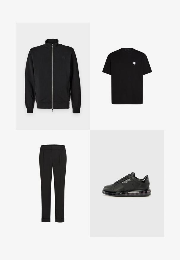 Melna kabatjacka ar augstu apkakli, ribotām piedurknēm un sānu kabatām. Mīksts audums ar nedaudz reljefu izgriezto logotipu uz krūtīm.; Melna kokvilnas t-krekls ar īsām piedurknēm, apaļu kakla izgriezumu un nelielu baltu sirds grafiku kreisajā krūšu daļā.; Melni bikses ar elastīgu jostu, ar taisna piegriezuma dizainu un sarullētām piedurknēm. Izgatavotas no gluda, auduma bez rakstiem.; Melnas sporta kurpes ar gludu ādas virsu, noapaļotu purngalu un saistīšanas dizainu. Iezīmē skaidru, mīkstu zoli ar tumšu gradientu.