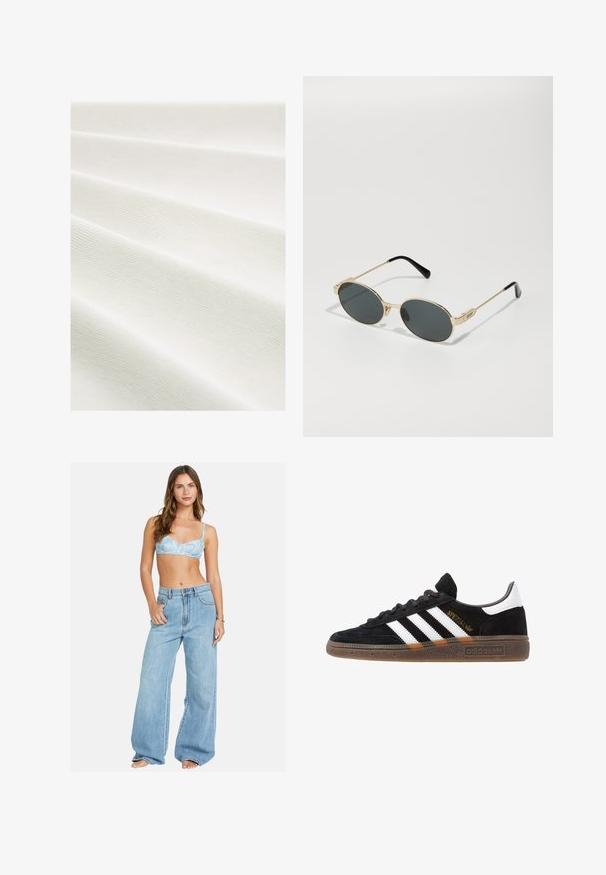 Tessuto bianco con una superficie testurizzata e a coste, disposto in pieghe, che mostra sottili variazioni di tonalità e motivo.; Hollister Co. SLIM SHIRTING - Camicia - white; Bralette blu chiaro con motivo floreale abbinato a jeans in denim blu chiaro a gamba larga. Vestibilità comoda con un profilo rilassato e chiusura a bottoni classica.; Sneaker Adidas nere con strisce bianche, testo "Spezial" dorato, suola in gomma e tab sul tallone bianco, mostrato in veduta laterale.; Occhiali da sole in metallo dorato con lenti ovali e scure. Terminali in acetato nero sulle stanghette. Nome del brand "QUAY" sul lato.; Borsa a spalla in suede marrone con una forma curva e una sola tracolla, con un logo sobrio sulla parte anteriore. Sfondo bianco uniforme.