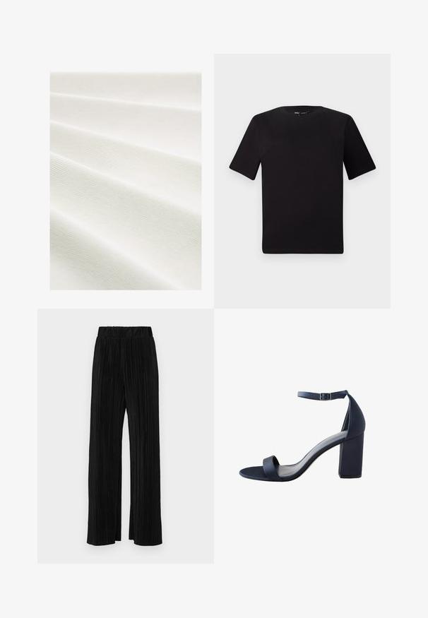 Tela blanca con una superficie texturada y acanalada, dispuesta en pliegues, mostrando sutiles variaciones en tono y patrón.; Camiseta negra de manga corta con cuello redondo, fabricada en suave algodón. Diseño simple, sin logos ni patrones visibles.; Pantalones negros de pliegues con una cintura elástica. Presentan piernas anchas y una tela suave y texturada con rayas verticales.; Sandal de tacón alto en azul marino con una textura suave, cinturón ancho sobre los dedos, tira en el tobillo y un tacón cuadrado para mayor estabilidad.