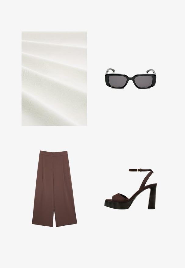 Weißer Stoff mit einer strukturierten, gerippten Oberfläche, die in Falten angeordnet ist und subtile Variationen in Farbe und Muster zeigt.; Braunes, kurzärmliges T-Shirt aus weichem Material mit rundem Halsausschnitt und lockerer Passform. Keine sichtbaren Muster oder Akzente.; Braune Weite-Leg-Hosen mit einer glatten Textur, hoher Taille und Vorderfalten. Der Stoff ist leicht und fällt locker.; Braune Wildleder-Pumps mit offenem Zeh, verstellbarem Knöchelriemen und gestreiftem Plateausohlen.; Schwarze rechteckige Sonnenbrille mit dunklen Gläsern, glattem Kunststoffrahmen und gebogenen Bügeln. Das Design ist klobig mit einer minimalistischen Ästhetik.