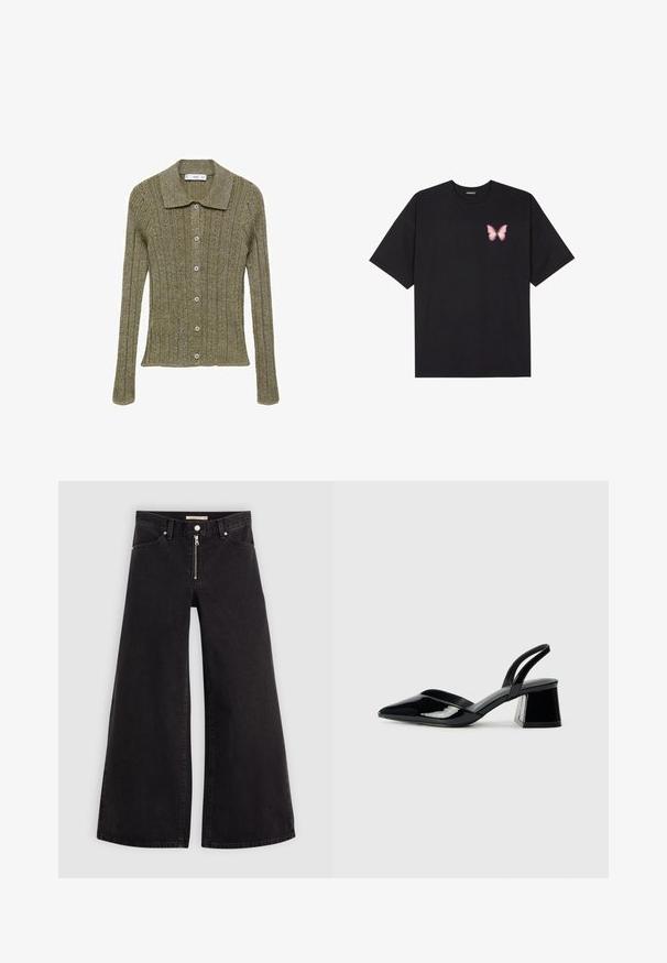 Mango Neuletakki - green; Musta puuvillapaita lyhyillä hihoilla, jossa on pieni vaaleanpunainen perhosgrafiikka vasemmassa rinnassa. Pyöreä kaula-aukko ja rento istuvuus.; Mustat leveälahkeiset farkut, joissa on vetoketjufrunti, viisi-taskuinen muotoilu ja hienovaraiset ompelusyyt. Sileä pinta ja rento tyyli.; Mustat patentoitu nahkakengät, joissa on säären takaosa ja terävä kärki, sekä geometrinen palikkakorko. Sisältää tyylikkään, minimalistisen muotoilun ja sileän pinnan.