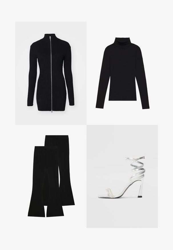 Weekday LAILA LONG ZIP CARDIGAN - Cardigan - black; Black turtleneck long-sleeve top, made of ribbed fabric, features a fitted design with a high neckline and no patterns or accents.; Black flared pants made of stretch fabric, featuring a high waistband and a smooth texture, with a fitted design that flares from the knee.; Silver high-heeled sandal with a shiny strap design, featuring a pearl-like accent and a spiraled ankle strap for secure fit.